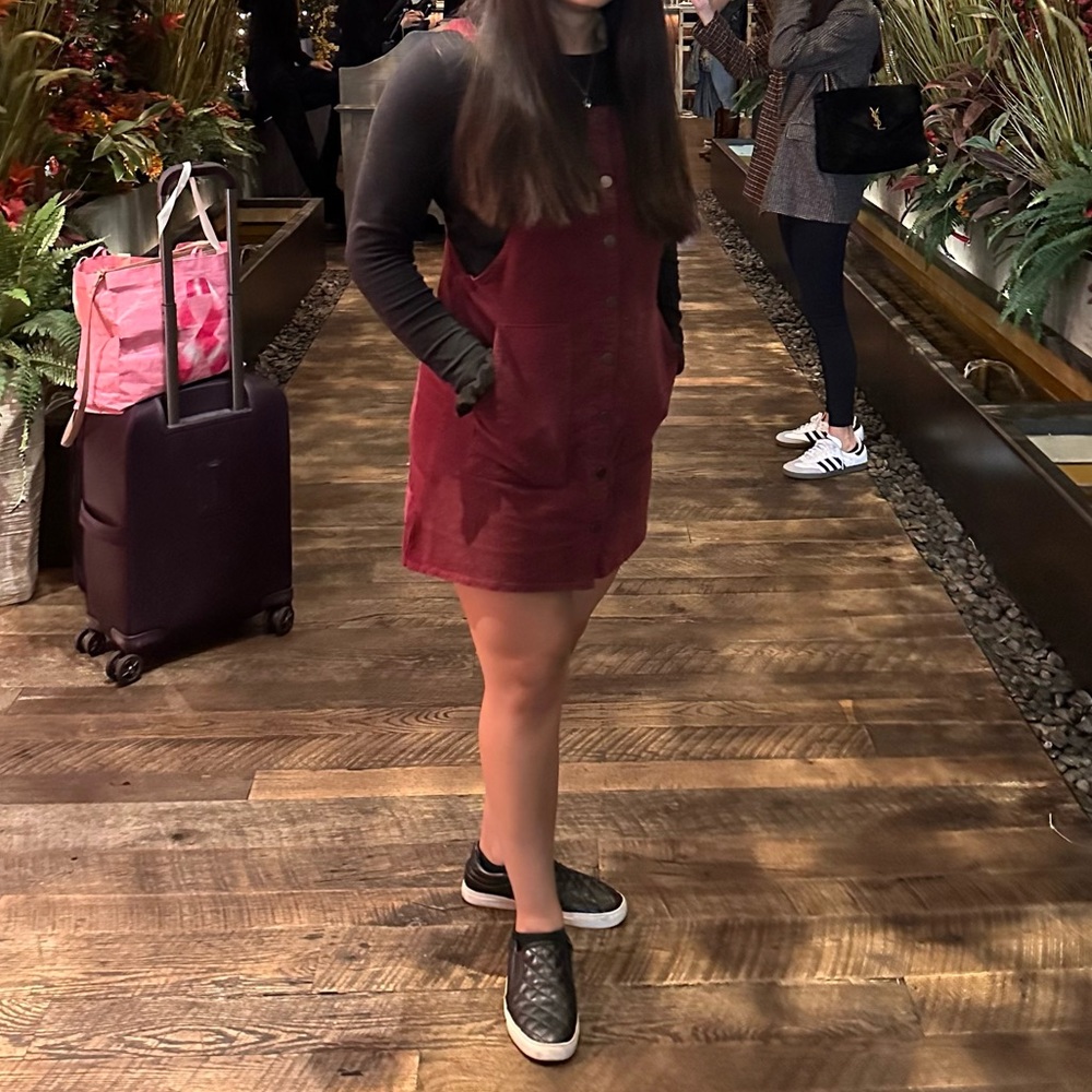 Tinsel Tower Maroon Courduroy Overall Dress